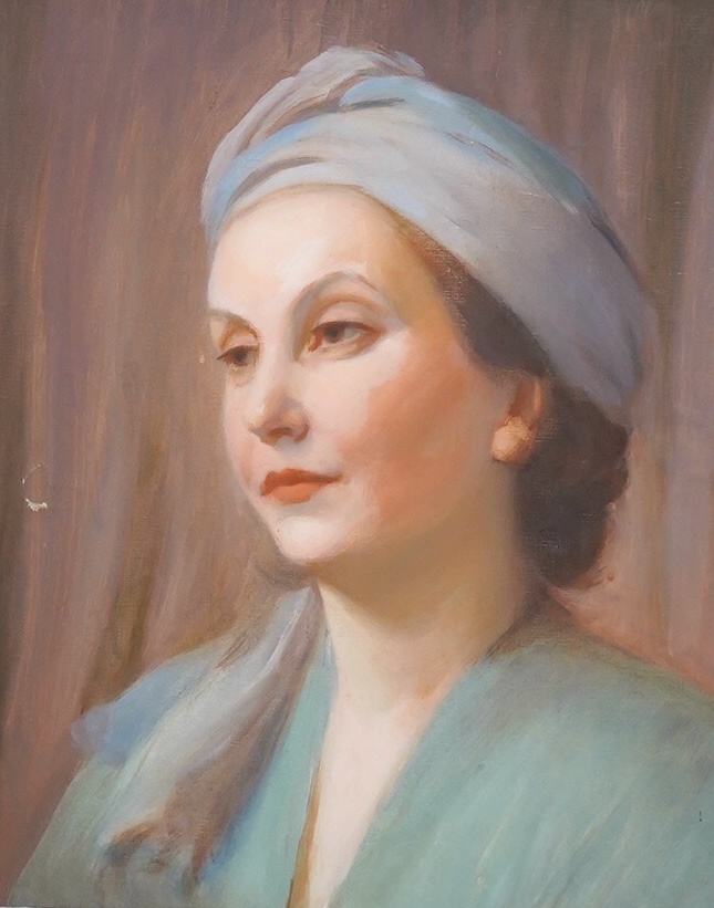 20th century School, oil on canvas, Portrait of a lady wearing a turban, unsigned, 45 x 36cm. Condition - fair, scuff to centre left